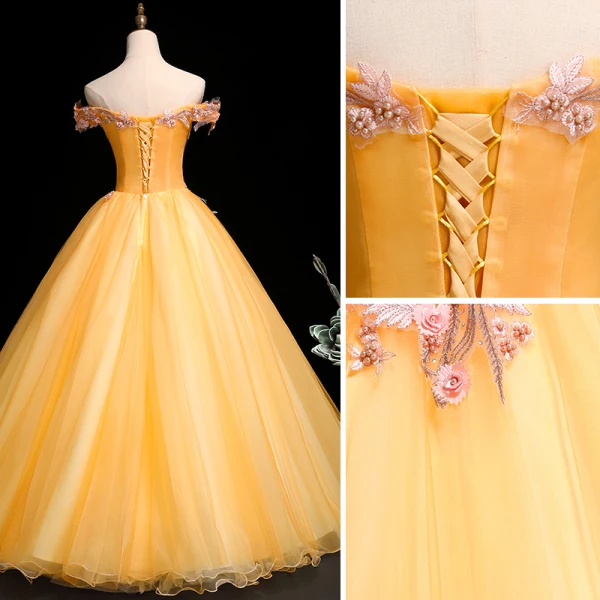 Chic / Beautiful Gold Prom Dresses 2019 A-Line / Princess Off-The-Shoulder Pearl Rhinestone Lace Flower Short Sleeve Backless Floor-Length / Long Formal Dresses