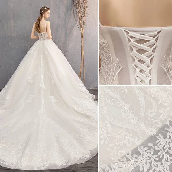 Elegant Ivory Wedding Dresses 2019 Ball Gown Spaghetti Straps Beading Sequins Lace Flower Sleeveless Backless Cathedral Train