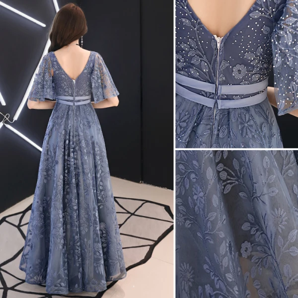 Elegant Pool Blue Evening Dresses  2019 A-Line / Princess V-Neck Rhinestone Lace Flower Sash Short Sleeve Backless Floor-Length / Long Formal Dresses