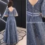 Elegant Pool Blue Evening Dresses  2019 A-Line / Princess V-Neck Rhinestone Lace Flower Sash Short Sleeve Backless Floor-Length / Long Formal Dresses