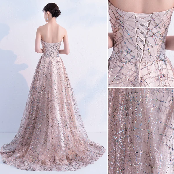 Glitzernden Champagner Gold Abendkleider 2019 A Linie Ärmellos Pailletten Bandeau Rückenfreies Sweep / Pinsel Zug Festliche Kleider