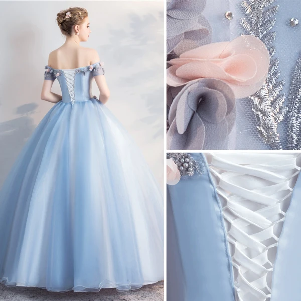 Chic / Beautiful Sky Blue Quinceañera Prom Dresses 2018 Ball Gown Appliques Pearl Off-The-Shoulder Backless Short Sleeve Floor-Length / Long Formal Dresses