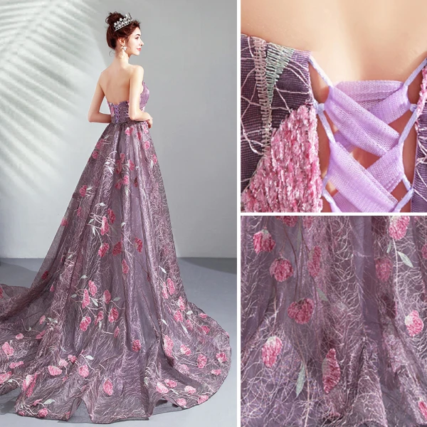 Chic / Beautiful Purple Prom Dresses 2019 A-Line / Princess Strapless Lace Flower Sleeveless Backless Sweep Train Formal Dresses