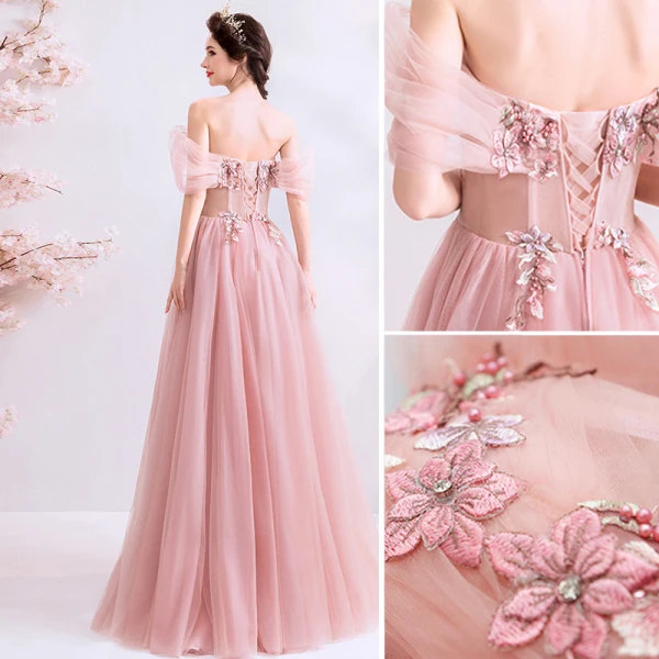Flotte Lyserød Gallakjoler 2019 Prinsesse Off-The-Shoulder Perle Rhinestone Med Blonder Blomsten Ærmeløs Halterneck Lange Kjoler