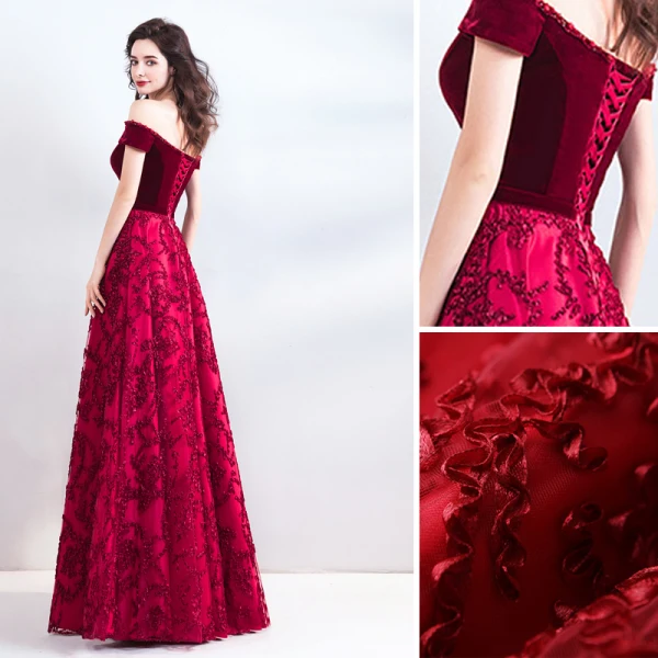 Chic / Beautiful Burgundy Evening Dresses 2019 A-Line / Princess Off-The-Shoulder Suede Crystal Short Sleeve Backless Floor-Length / Long Formal Dresses