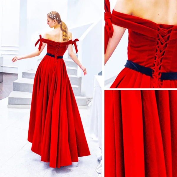 Schöne Einfarbig Rot Abendkleider 2019 A Linie Off Shoulder Wildleder Schleife Ärmellos Rückenfreies Lange Festliche Kleider
