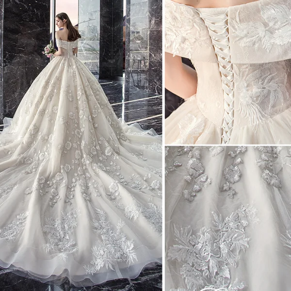 Classy Ivory Wedding Dresses 2019 Ball Gown Off-The-Shoulder Beading Sequins Lace Flower Short Sleeve Backless Cathedral Train