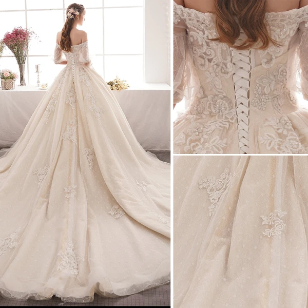 Charming Champagne Wedding Dresses 2019 A-Line / Princess Off-The-Shoulder Beading Pearl Lace Flower Short Sleeve Backless Cathedral Train