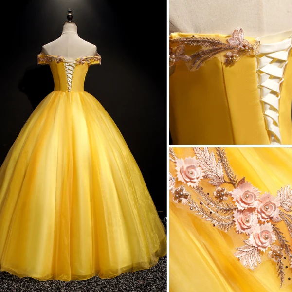 Flower Fairy Yellow Prom Dresses 2019 A-Line / Princess Off-The-Shoulder Appliques Lace Flower Pearl Short Sleeve Backless Floor-Length / Long Formal Dresses