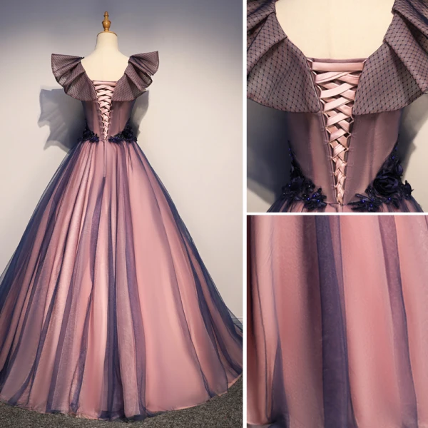 Élégant Violet Robe De Bal 2019 Princesse Encolure Carrée Perle Appliques En Dentelle Fleur Sans Manches Dos Nu Longue Robe De Ceremonie