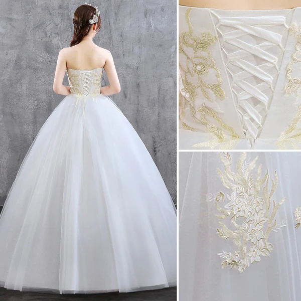 Affordable Ivory Wedding Dresses 2019 Ball Gown Strapless Lace Flower Sleeveless Backless Floor-Length / Long