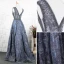 Luxury / Gorgeous Ocean Blue Handmade  Beading Evening Dresses  2019 A-Line / Princess V-Neck Crystal Lace Flower Sleeveless Backless Floor-Length / Long Formal Dresses
