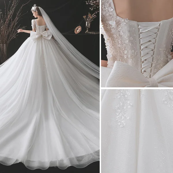 Chic / Belle Blanche Robe De Mariée 2021 Robe Boule Encolure Carrée Perlage Noeud Perle Appliques Paillettes Manches Courtes Dos Nu Cathedral Train Mariage