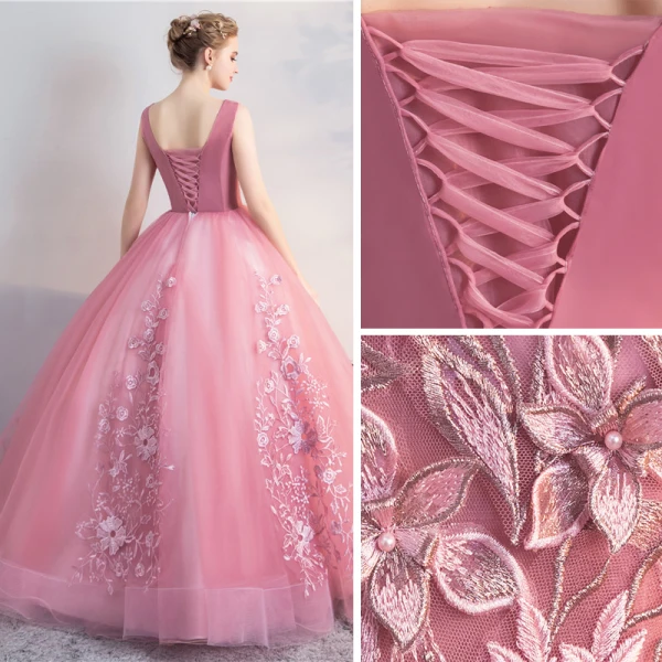 Chic / Beautiful Candy Pink Quinceañera Prom Dresses 2018 Ball Gown Lace Flower Pearl V-Neck Backless Sleeveless Floor-Length / Long Formal Dresses