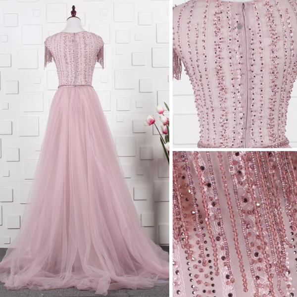 Luxe Rougissant Rose Fait main Cristal Robe De Ceremonie 2019 Princesse Encolure Dégagée Perlage T-Strap Faux Diamant Manches Courtes Train De Balayage Robe De Soirée