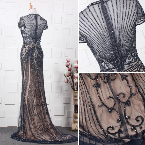 Luxe Bleu Marine Fait main Perlage Robe De Soirée 2019 Trompette / Sirène Encolure Dégagée Faux Diamant Cristal Manches Courtes Train De Balayage Robe De Ceremonie