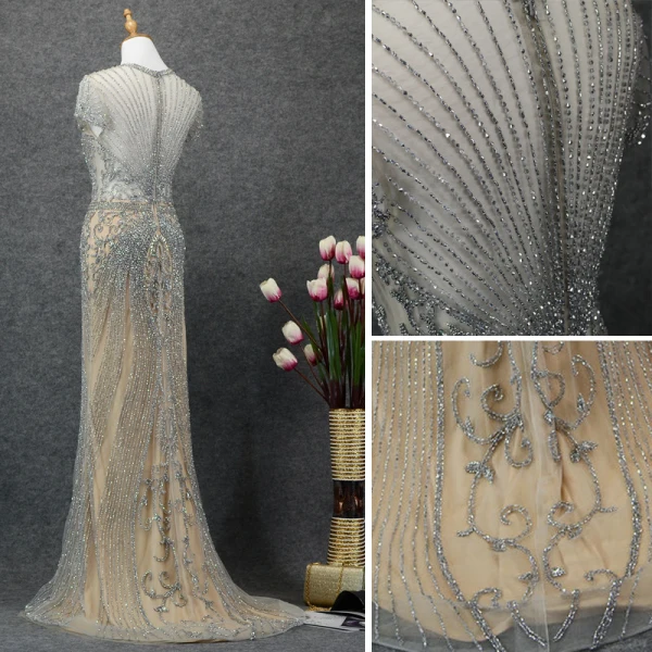 Luxury / Gorgeous Silver Evening Dresses  2019 Trumpet / Mermaid Scoop Neck Handmade  Beading Crystal Short Sleeve Sweep Train Formal Dresses