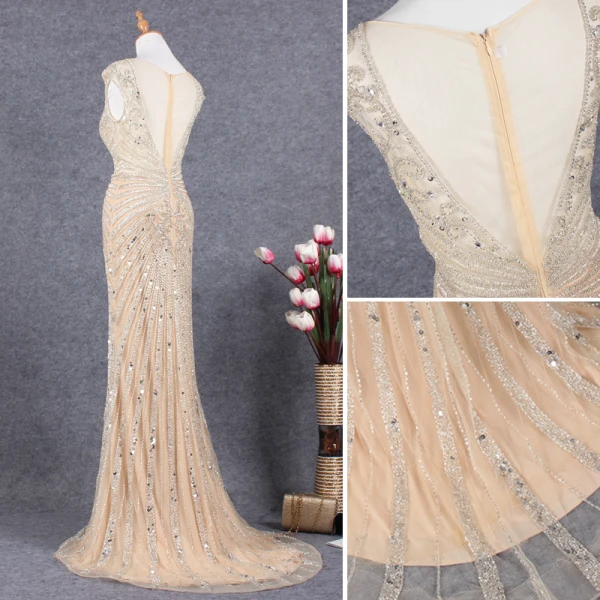 Charmant Champagne Robe De Soirée 2019 Trompette / Sirène Encolure Dégagée Fait main Perlage Cristal Paillettes Sans Manches Train De Balayage Robe De Ceremonie