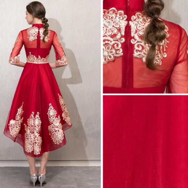 Chic / Beautiful Burgundy Cocktail Dresses 2019 A-Line / Princess High Neck Gold Lace Flower 1/2 Sleeves Asymmetrical Formal Dresses