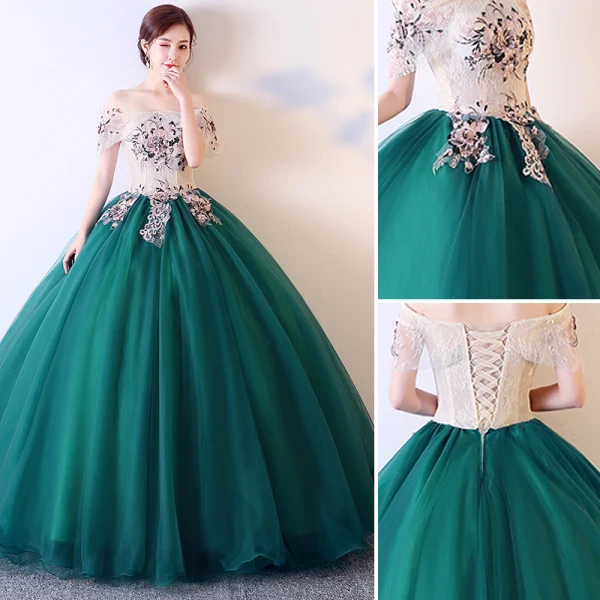 Elegant Dark Green Prom Dresses 2019 Ball Gown Off-The-Shoulder Appliques Lace Short Sleeve Backless Floor-Length / Long Formal Dresses