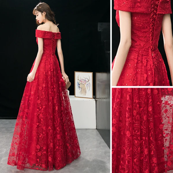 Modern / Fashion Burgundy Evening Dresses 2019 A-Line / Princess Off-The-Shoulder Sequins Lace Flower Short Sleeve Backless Floor-Length / Long Formal Dresses