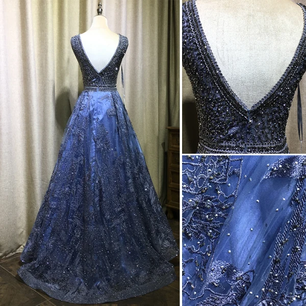 Scintillantes Bleu Roi Fait main Perlage Robe De Soirée 2019 Princesse V-Cou Cristal En Dentelle Fleur Sans Manches Dos Nu Longue Robe De Ceremonie