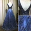 Scintillantes Bleu Roi Fait main Perlage Robe De Soirée 2019 Princesse V-Cou Cristal En Dentelle Fleur Sans Manches Dos Nu Longue Robe De Ceremonie