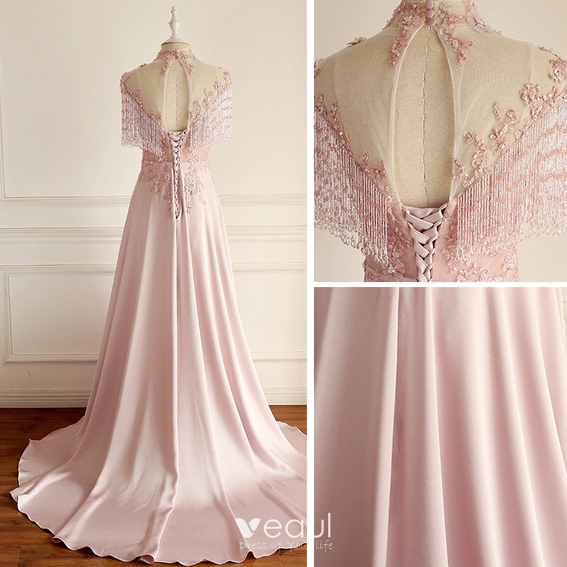 Pink O-Neck Pearls Crystal Sexy Evening Dresses A-Line Sleeveless Tulle Formal Dress 2025 LA60981