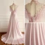 Luxury / Gorgeous Pearl Pink Evening Dresses  2018 A-Line / Princess Handmade  Beading Tassel Crystal Sequins Appliques Scoop Neck Backless Short Sleeve Court Train Formal Dresses
