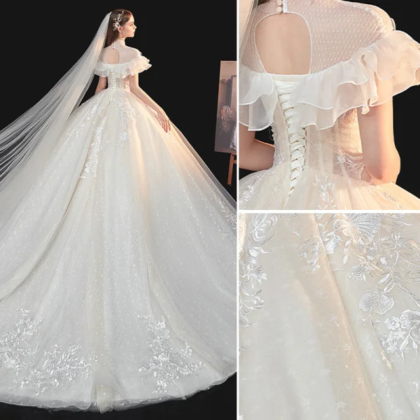 Illusion Champagne Lace Flower Sequins Wedding Dresses 2021 Ball Gown High Neck Ruffle Short Sleeve Backless Cathedral Train Wedding