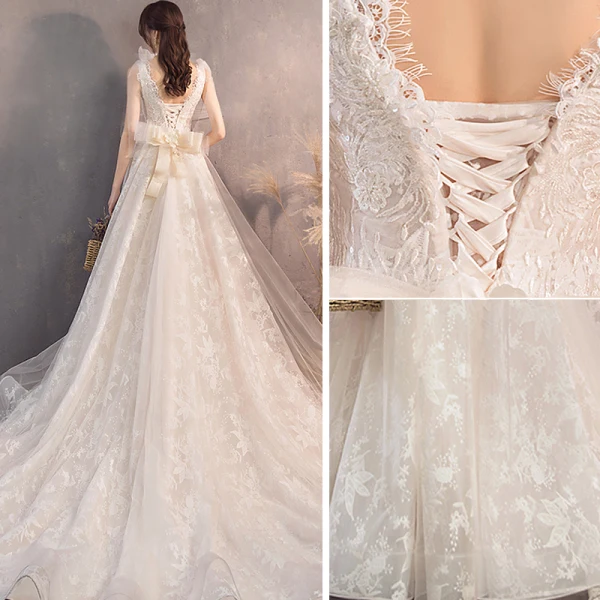 Élégant Champagne Robe De Mariée 2019 Princesse V-Cou Perlage Paillettes En Dentelle Fleur Sans Manches Dos Nu Noeud Chapel Train