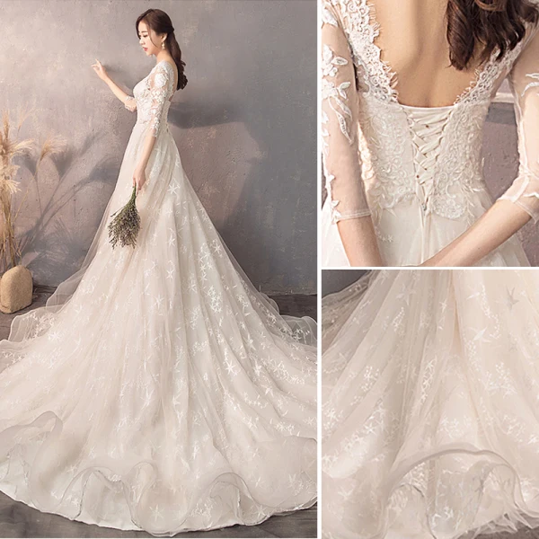 Charming Champagne Wedding Dresses 2019 A-Line / Princess Scoop Neck Star Lace Flower 3/4 Sleeve Backless Court Train