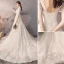 Charming Champagne Wedding Dresses 2019 A-Line / Princess Scoop Neck Star Lace Flower 3/4 Sleeve Backless Court Train