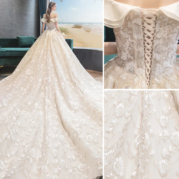 Hermoso Champán Vestidos De Novia 2019 A-Line / Princess Fuera Del Hombro Rebordear Lentejuelas Con Encaje Flor Manga Corta Sin Espalda Royal Train