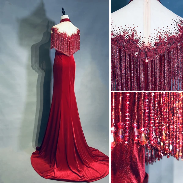 Luxury / Gorgeous Burgundy Handmade Beading Tassel Evening Dresses 2019 Trumpet / Mermaid High Neck Suede Sash Lace Flower Short Sleeve Sweep Train Formal Dresses