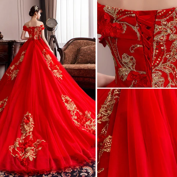 Style Chinois Rouge Enceinte Robe De Mariée 2019 De l'épaule Paillettes En Dentelle Fleur Appliques Manches Courtes Dos Nu Chapel Train