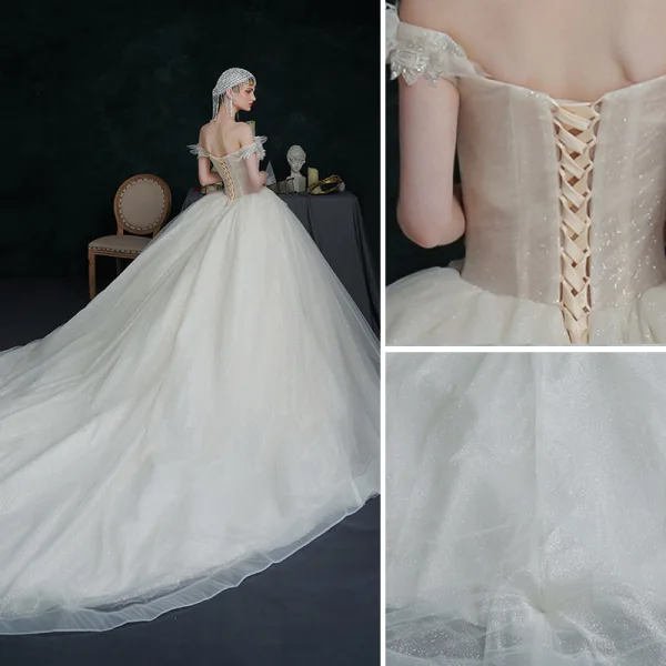 Simple Ivoire Robe De Mariée 2021 Robe Boule De l'épaule Perlage Cristal Paillettes Sans Manches Dos Nu Royal Train Mariage