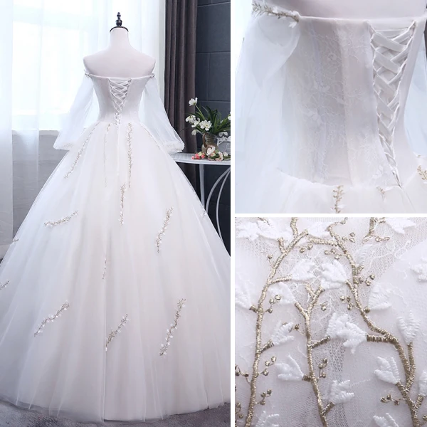 Elegant Ivory Wedding Dresses 2018 Ball Gown Embroidered Off-The-Shoulder Long Sleeve Backless Floor-Length / Long Wedding