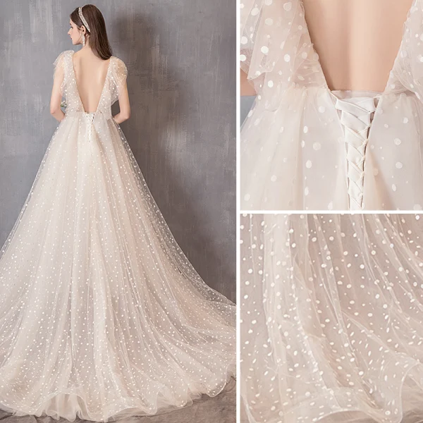 Élégant Champagne Robe De Mariée 2019 Princesse Encolure Carrée Tachetée Sans Manches Dos Nu Tribunal Train