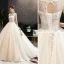 Chic Champagne Robe De Mariée 2019 Princesse Encolure Dégagée Perlage En Dentelle Fleur Paillettes Manches Courtes Dos Nu Train De Balayage