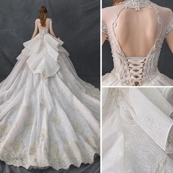 Luxury / Gorgeous Champagne Wedding Dresses 2019 Ball Gown High Neck Beading Pearl Sequins Crystal Lace Flower Cap Sleeves Backless Ruffle Cathedral Train