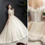 Élégant Champagne Robe De Mariée 2019 Robe Boule Volants Encolure Carrée Perlage Paillettes Manches Courtes Dos Nu Tribunal Train