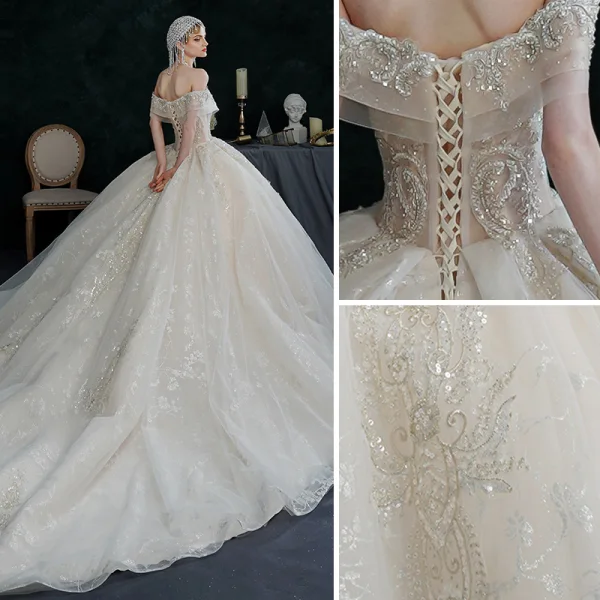 Illusion Champagne Wedding Dresses 2021 Ball Gown Off-The-Shoulder Beading Pearl Rhinestone Sequins Short Sleeve Backless Royal Train Wedding