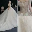 Illusion Champagne Wedding Dresses 2021 Ball Gown Off-The-Shoulder Beading Pearl Rhinestone Sequins Short Sleeve Backless Royal Train Wedding