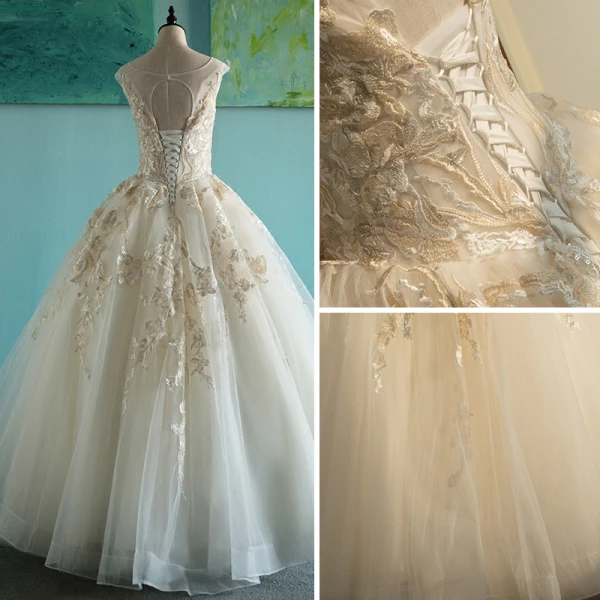 Elegant Champagne Wedding Dresses 2018 Ball Gown Appliques Scoop Neck Backless Sleeveless Floor-Length / Long Wedding