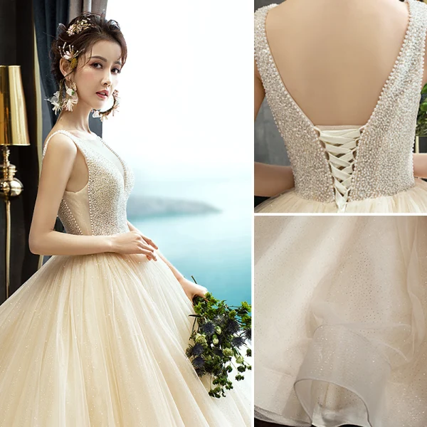 Elegant Champagne Wedding Dresses 2019 A-Line / Princess Scoop Neck Beading Sequins Sleeveless Backless Court Train