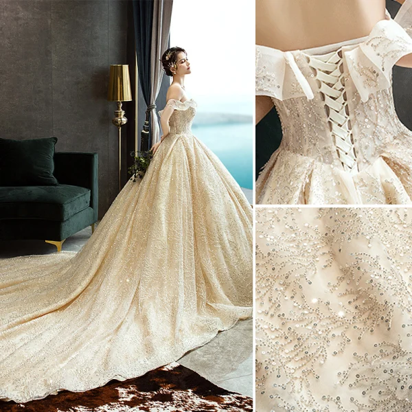 Luxury / Gorgeous Champagne Wedding Dresses 2019 A-Line / Princess Off-The-Shoulder Beading Lace Flower Sequins Short Sleeve Backless
