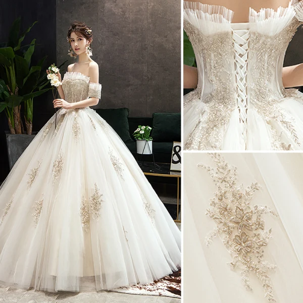 Classy Champagne Wedding Dresses 2019 Ball Gown Ruffle Off-The-Shoulder Beading Lace Flower Short Sleeve Backless Floor-Length / Long