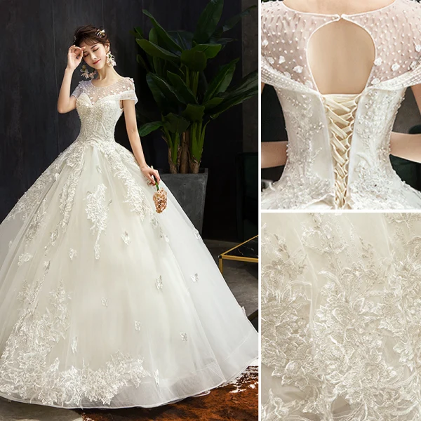 Elegant Champagne Wedding Dresses 2019 Ball Gown Scoop Neck Beading Lace Flower Short Sleeve Backless Floor-Length / Long