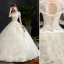 Elegant Champagne Wedding Dresses 2019 Ball Gown Scoop Neck Beading Lace Flower Short Sleeve Backless Floor-Length / Long